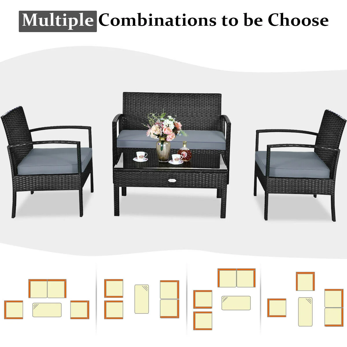 Patio Rattan Cushioned Furniture Set, 4 Pieces, Gray - Image 10