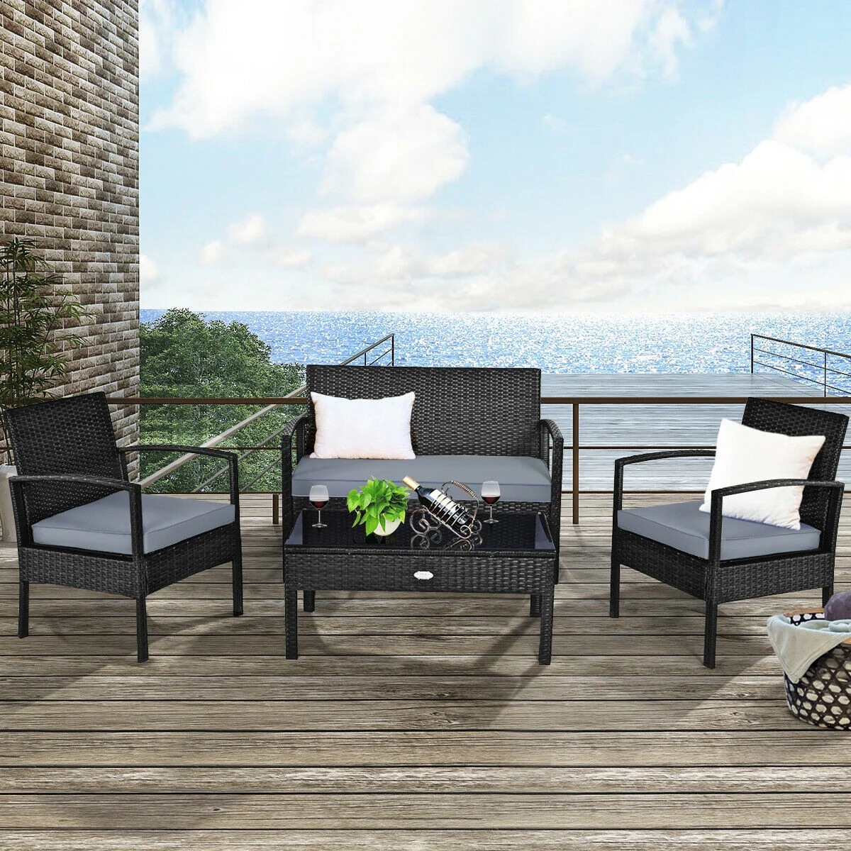 Patio Rattan Cushioned Furniture Set, 4 Pieces, Gray - Image 2
