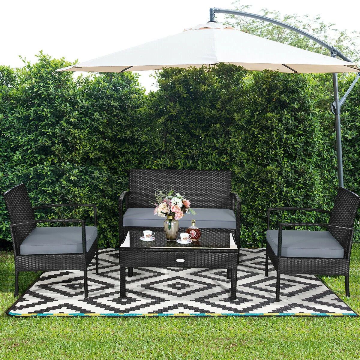 Patio Rattan Cushioned Furniture Set, 4 Pieces, Gray - Image 3