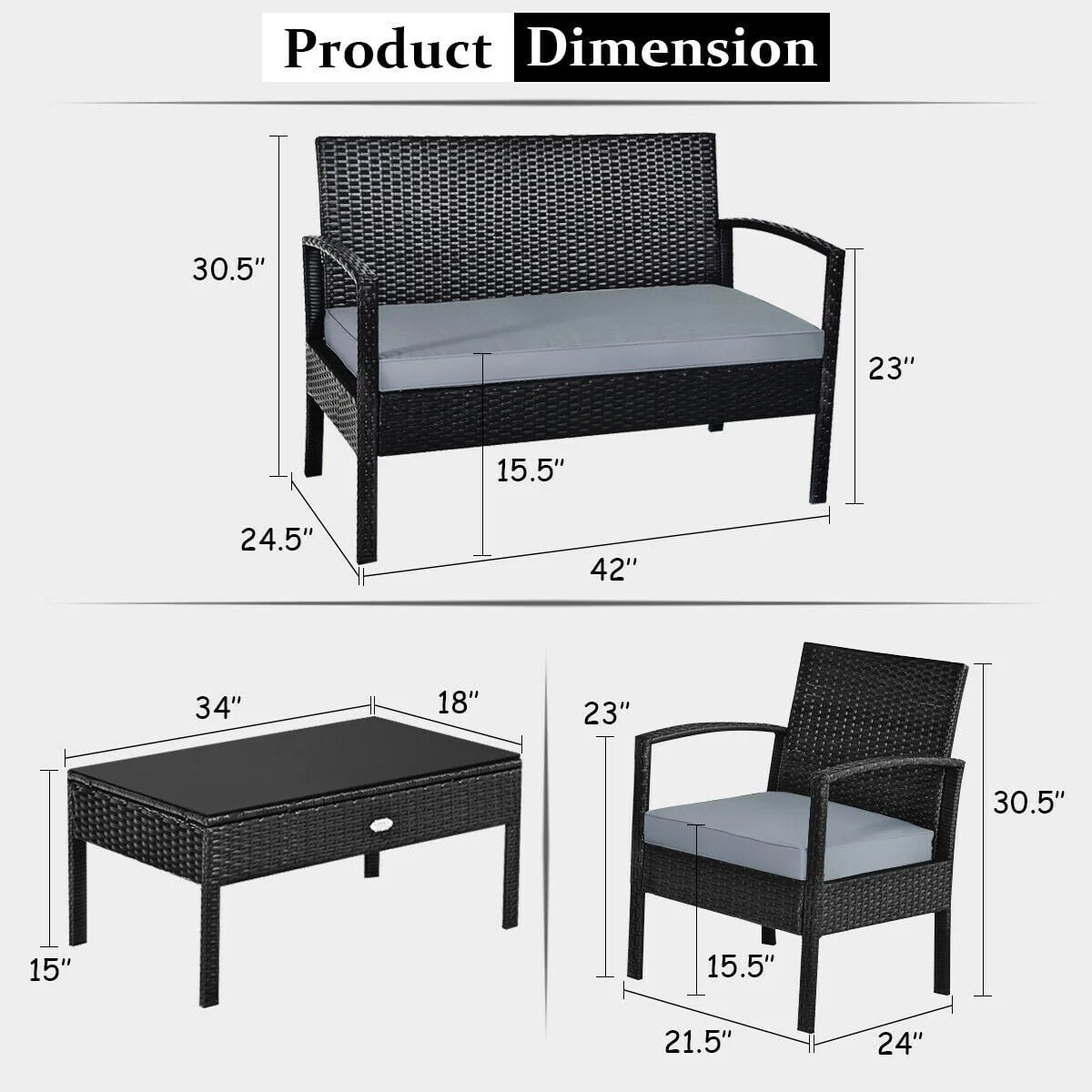 Patio Rattan Cushioned Furniture Set, 4 Pieces, Gray - Image 6
