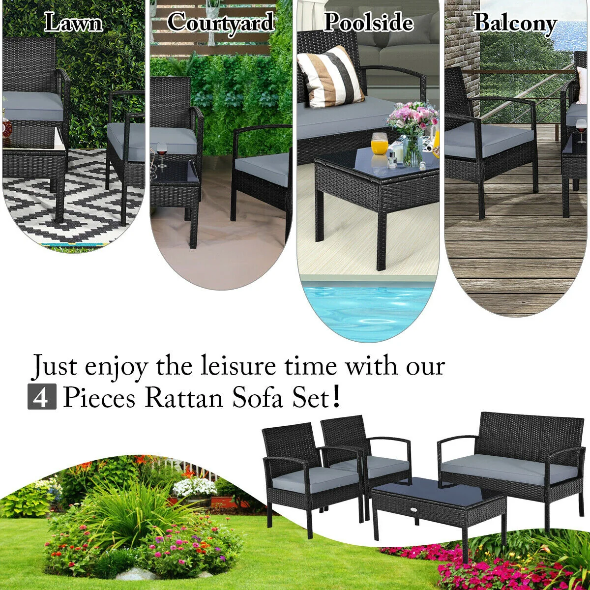Patio Rattan Cushioned Furniture Set, 4 Pieces, Gray - Image 7
