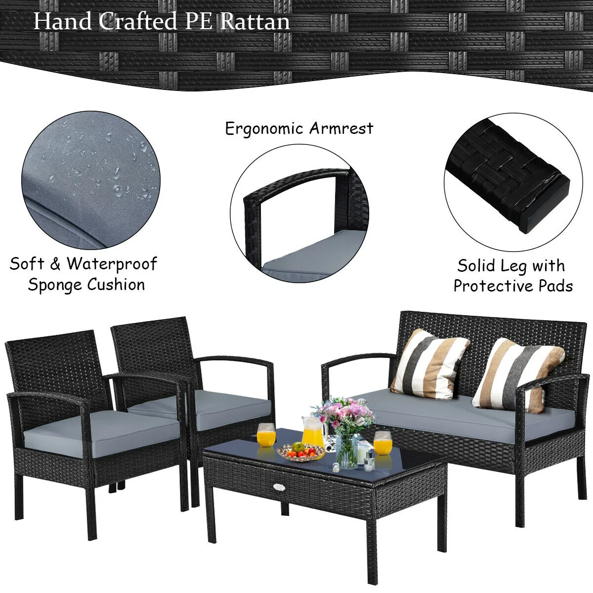 Patio Rattan Cushioned Furniture Set, 4 Pieces, Gray - Image 8