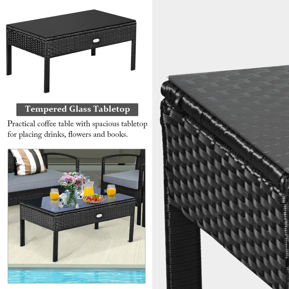 Patio Rattan Cushioned Furniture Set, 4 Pieces, Gray - Image 9