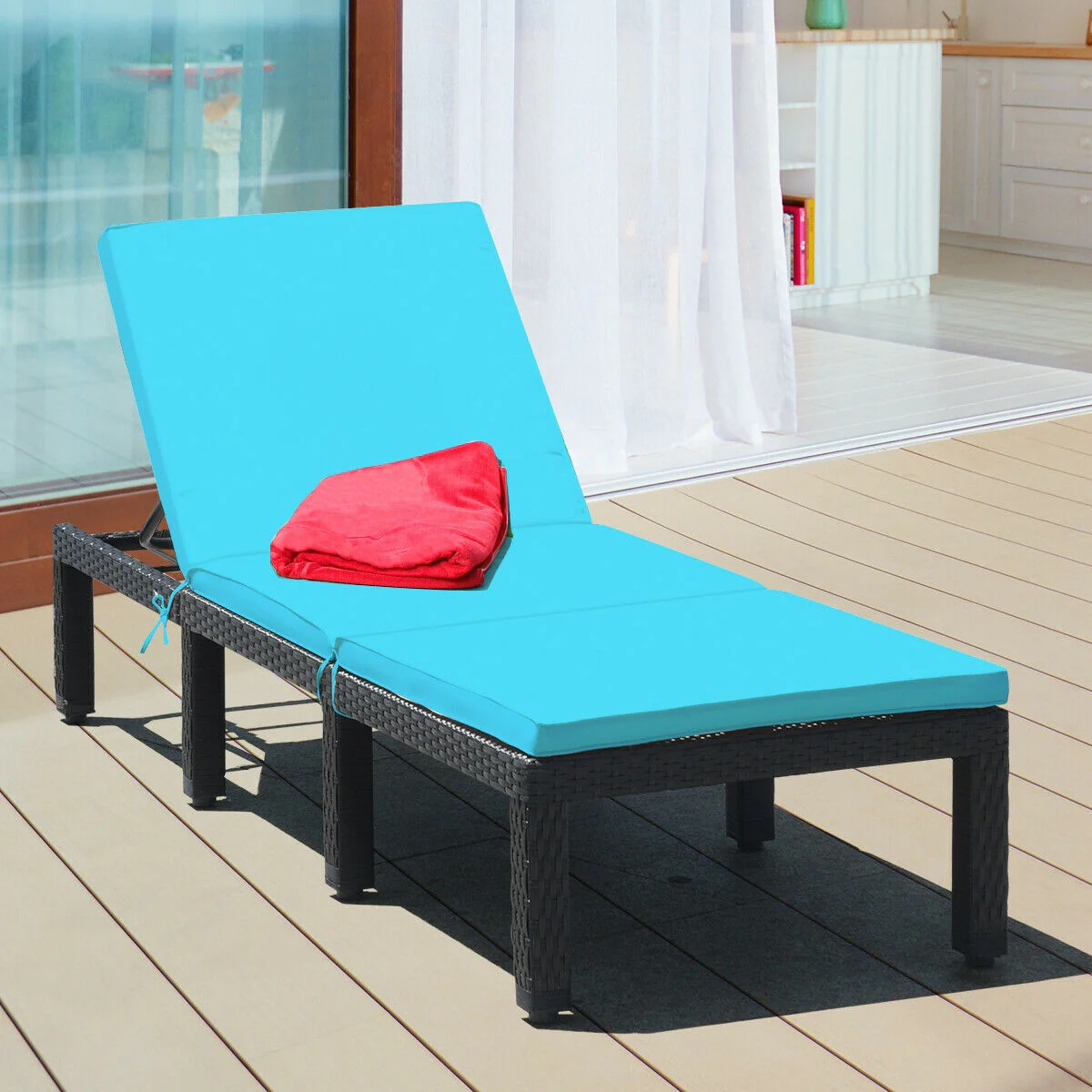 Patio Rattan Cushioned Height Adjustable Lounge Chair, Blue - Image 2