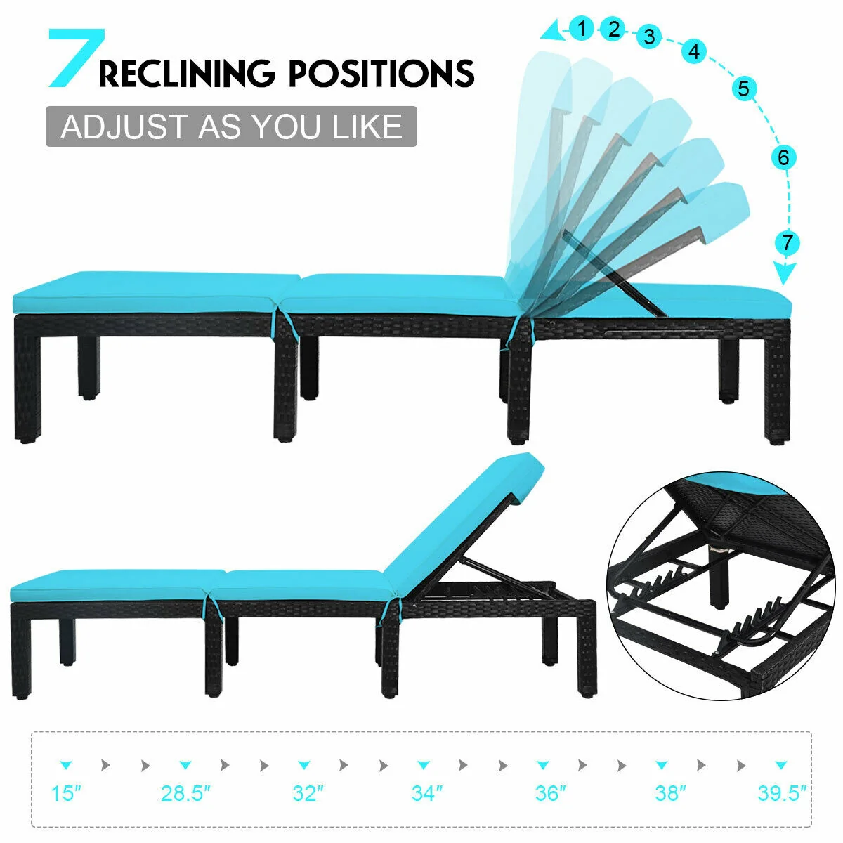Patio Rattan Cushioned Height Adjustable Lounge Chair, Blue - Image 7