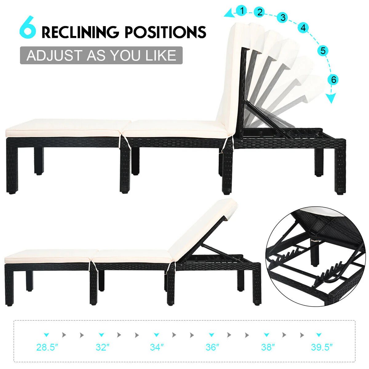 Patio Rattan Cushioned Height Adjustable Lounge Chair, White - Image 6