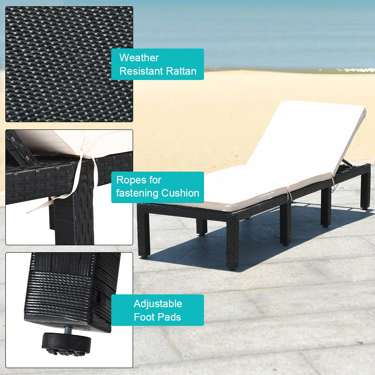 Patio Rattan Cushioned Height Adjustable Lounge Chair, White - Image 9