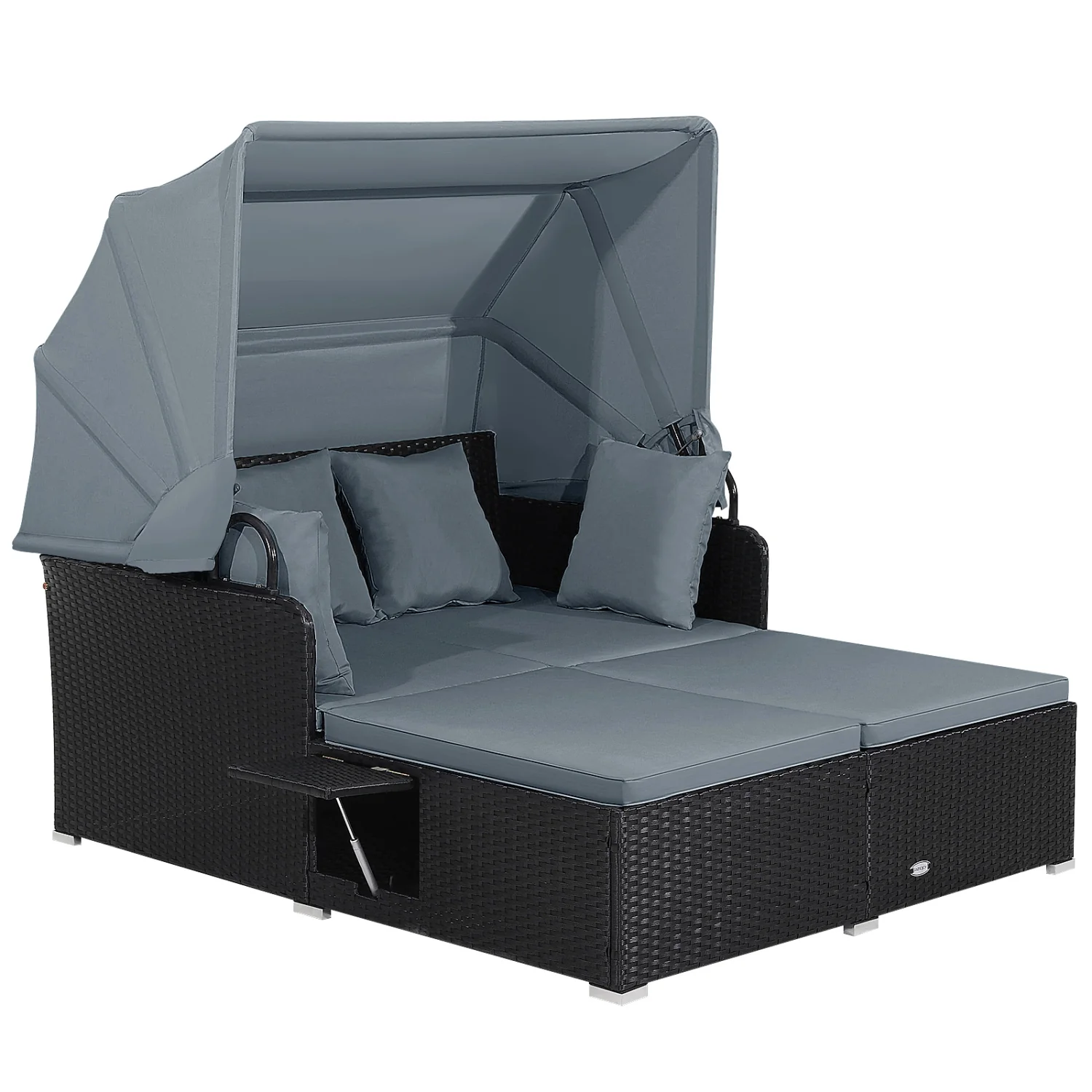 Patio Rattan Daybed With Retractable Canopy, Side Tables, Gray