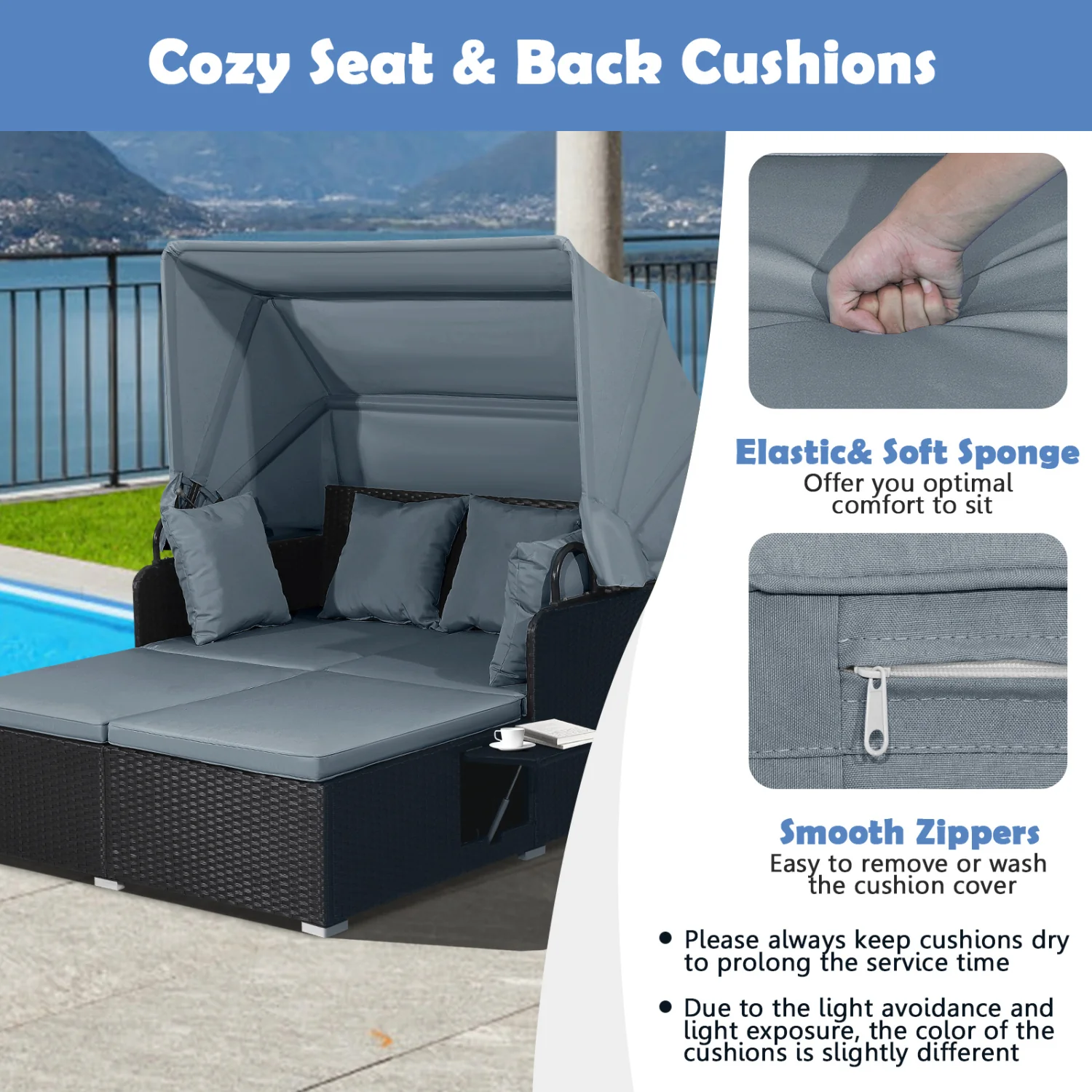Patio Rattan Daybed With Retractable Canopy, Side Tables, Gray - Image 10