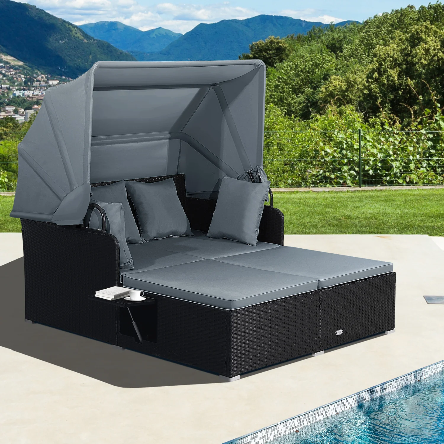 Patio Rattan Daybed With Retractable Canopy, Side Tables, Gray - Image 2