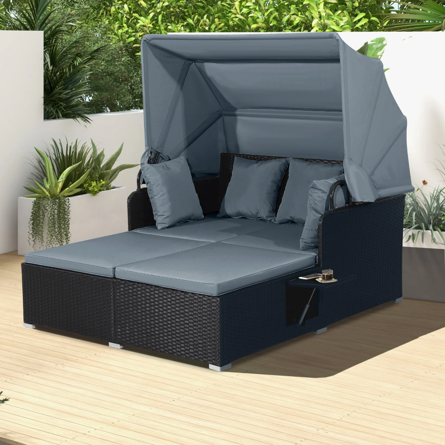 Patio Rattan Daybed With Retractable Canopy, Side Tables, Gray - Image 3