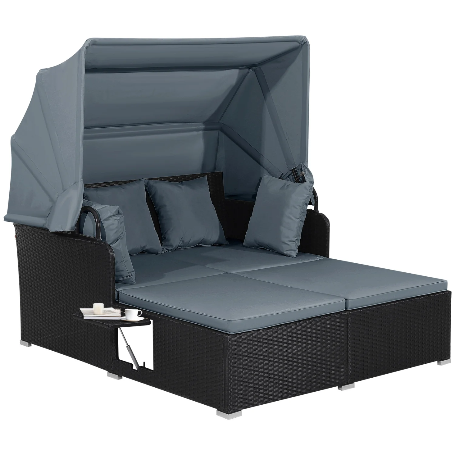 Patio Rattan Daybed With Retractable Canopy, Side Tables, Gray - Image 5