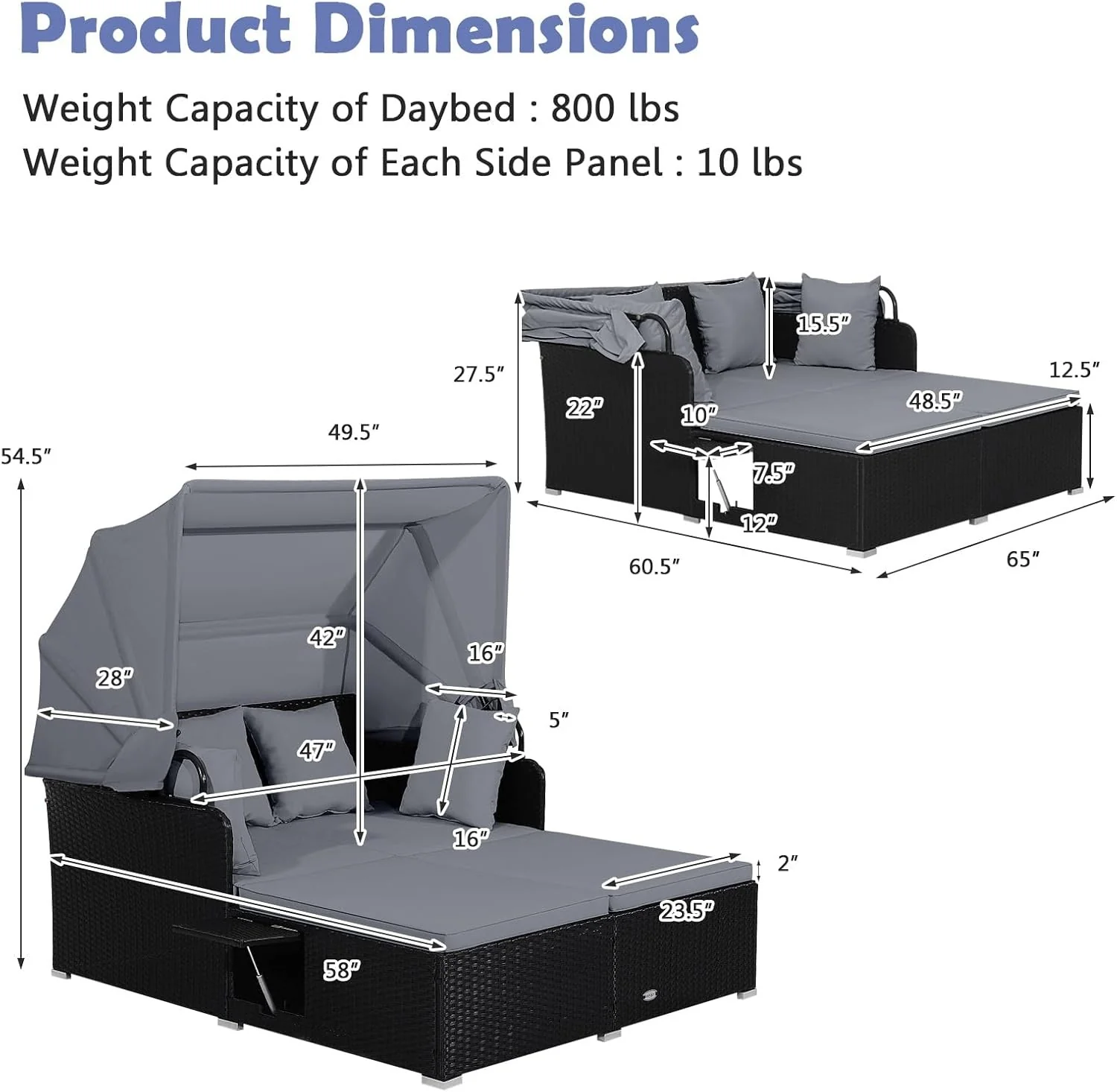 Patio Rattan Daybed With Retractable Canopy, Side Tables, Gray - Image 6