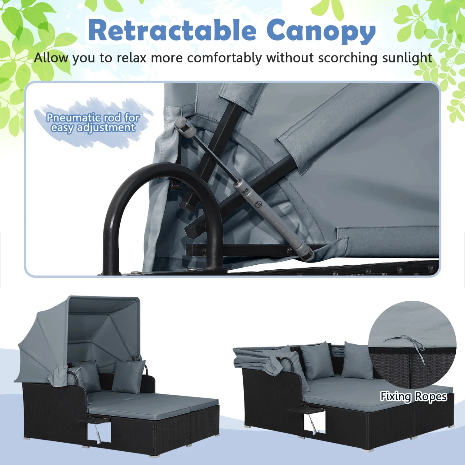 Patio Rattan Daybed With Retractable Canopy, Side Tables, Gray - Image 7