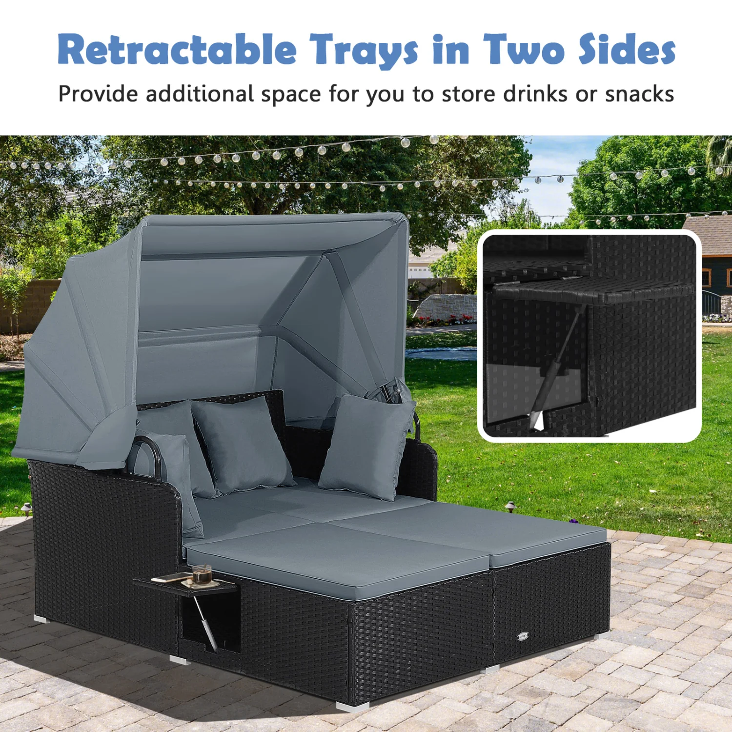 Patio Rattan Daybed With Retractable Canopy, Side Tables, Gray - Image 8