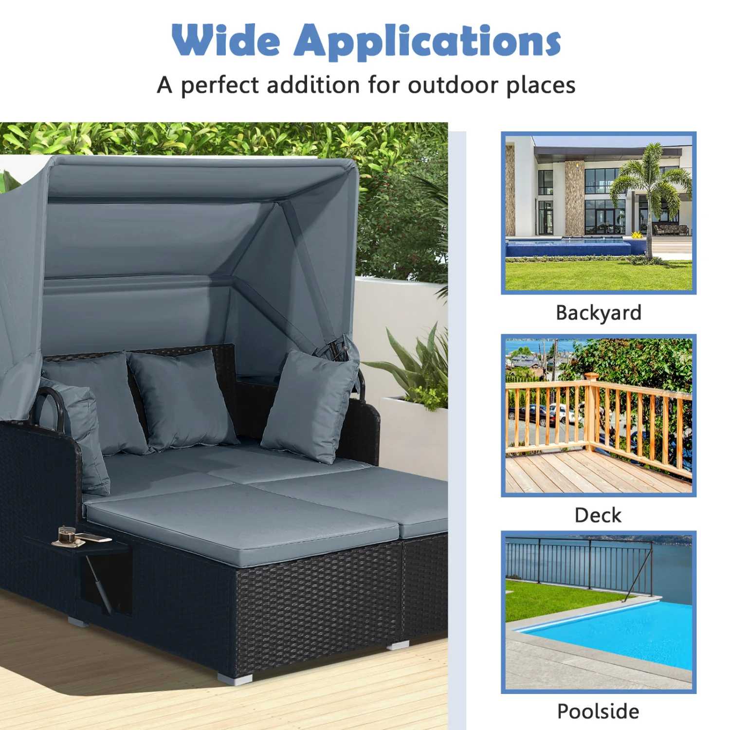 Patio Rattan Daybed With Retractable Canopy, Side Tables, Gray - Image 9