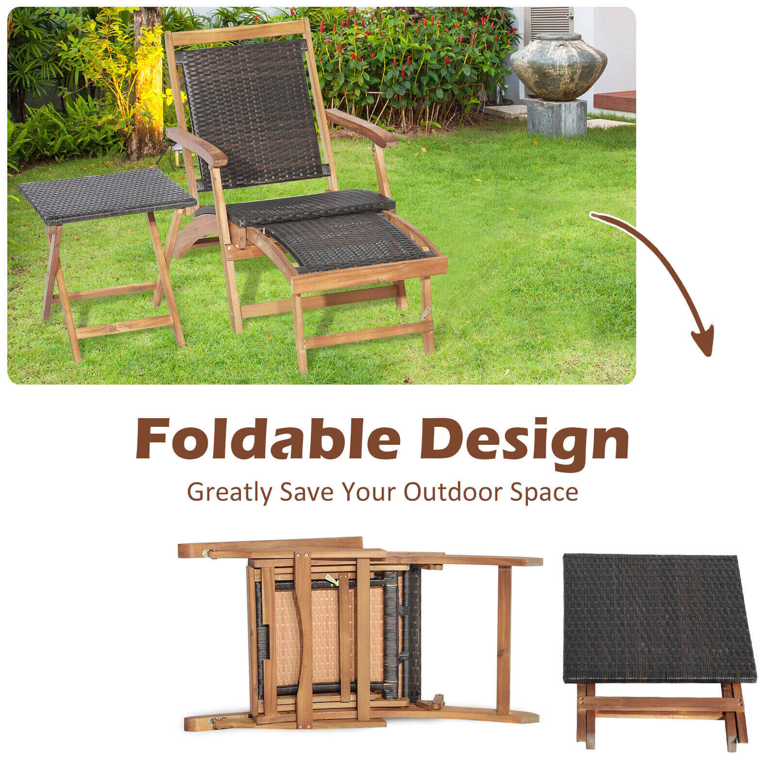 Patio Rattan Folding Lounge Chair, Acacia Wood Table, Brown - Image 10