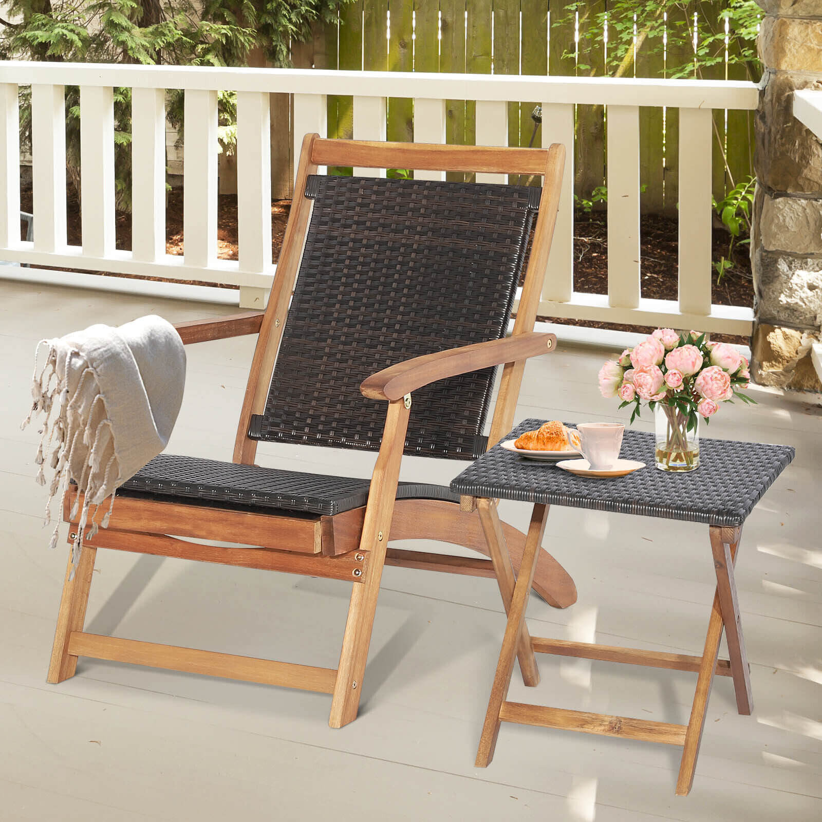 Patio Rattan Folding Lounge Chair, Acacia Wood Table, Brown - Image 2