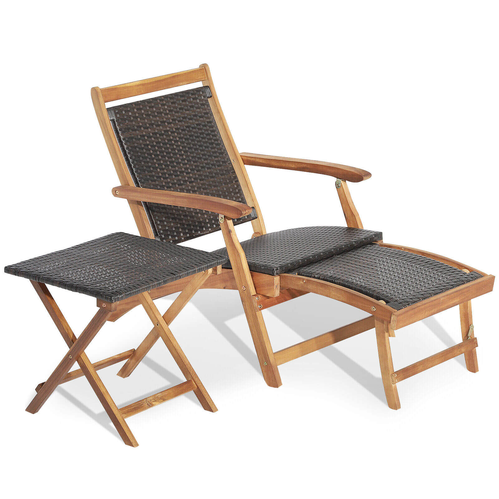 Patio Rattan Folding Lounge Chair, Acacia Wood Table, Brown - Image 4
