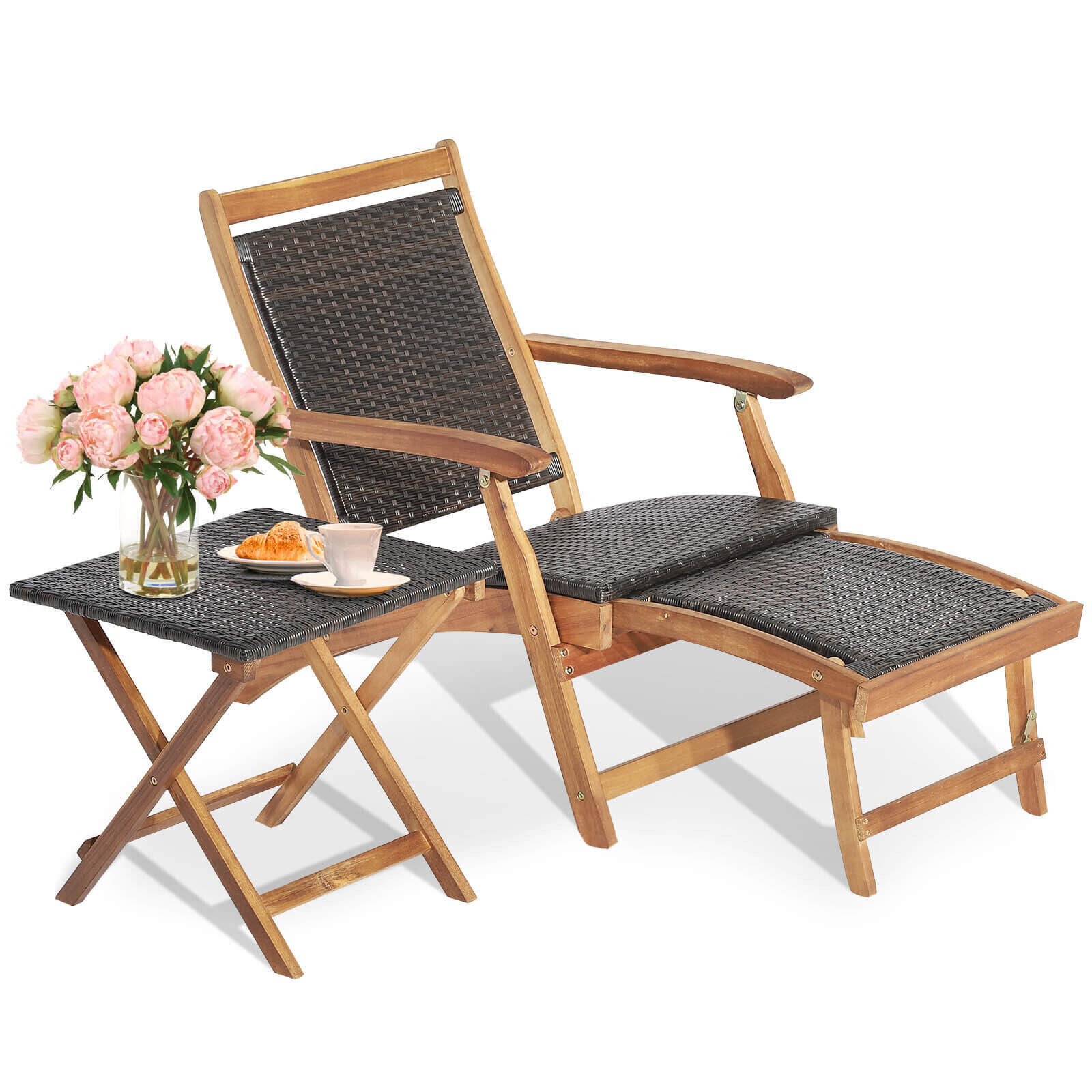 Patio Rattan Folding Lounge Chair, Acacia Wood Table, Brown - Image 5