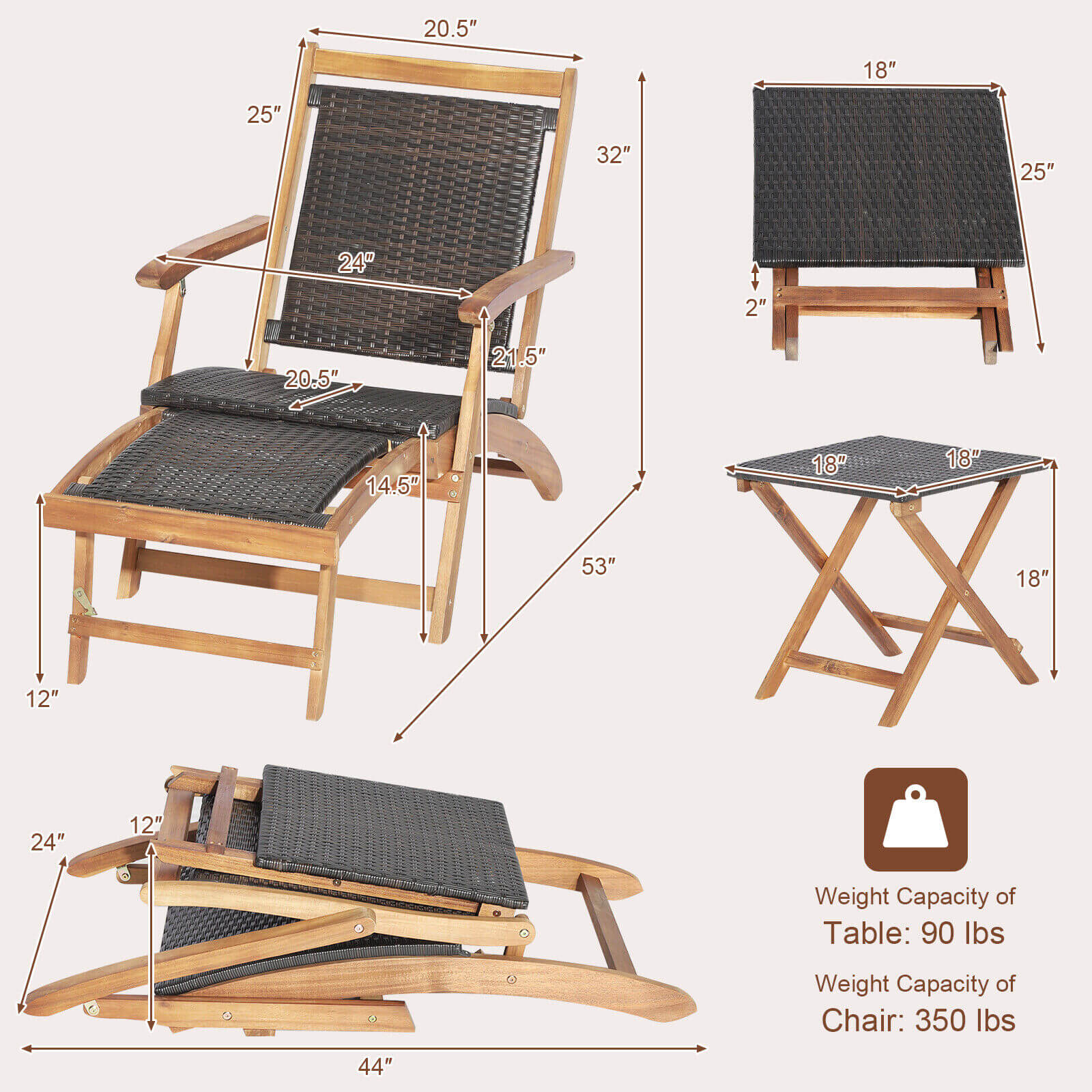Patio Rattan Folding Lounge Chair, Acacia Wood Table, Brown - Image 6