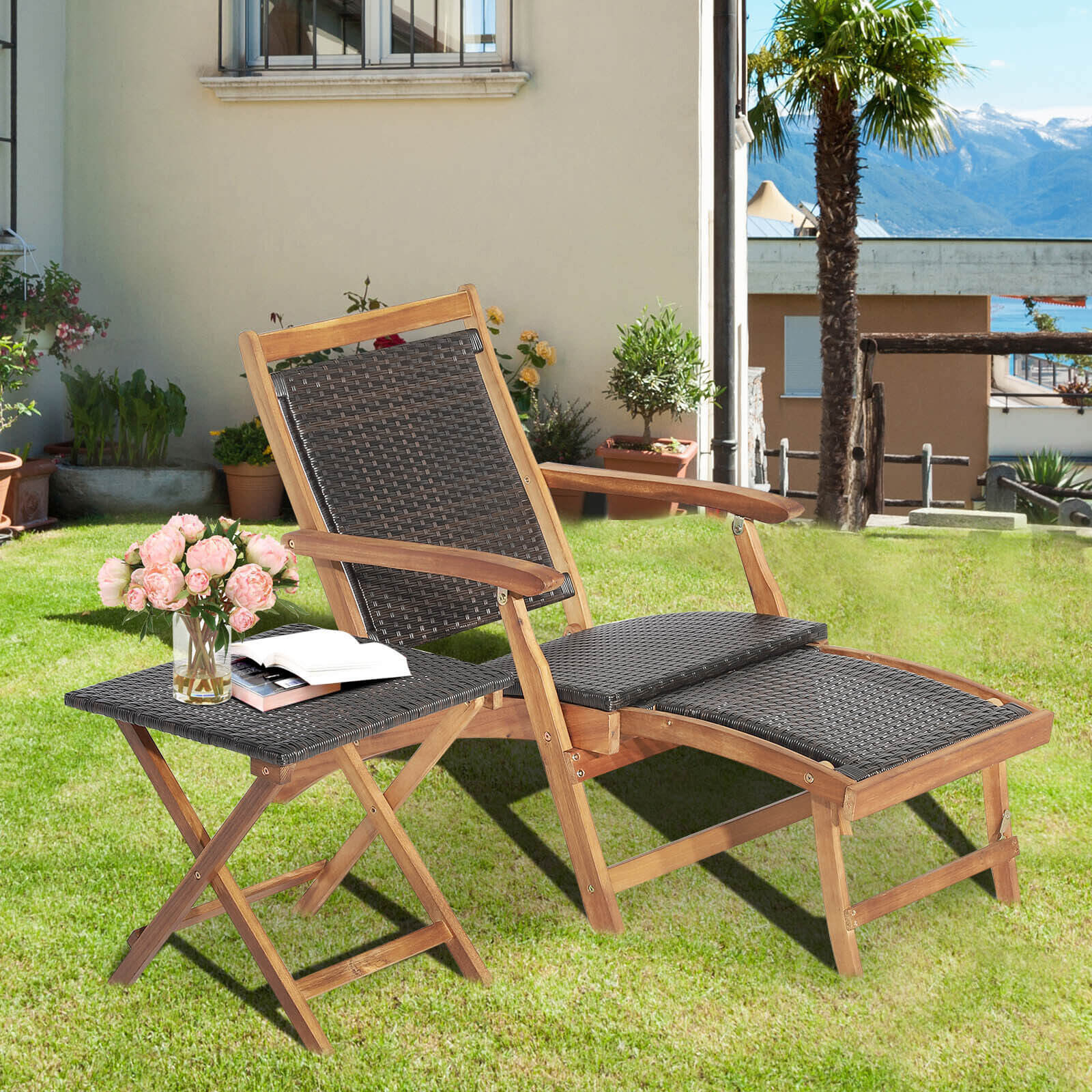 Patio Rattan Folding Lounge Chair, Acacia Wood Table, Brown - Image 7