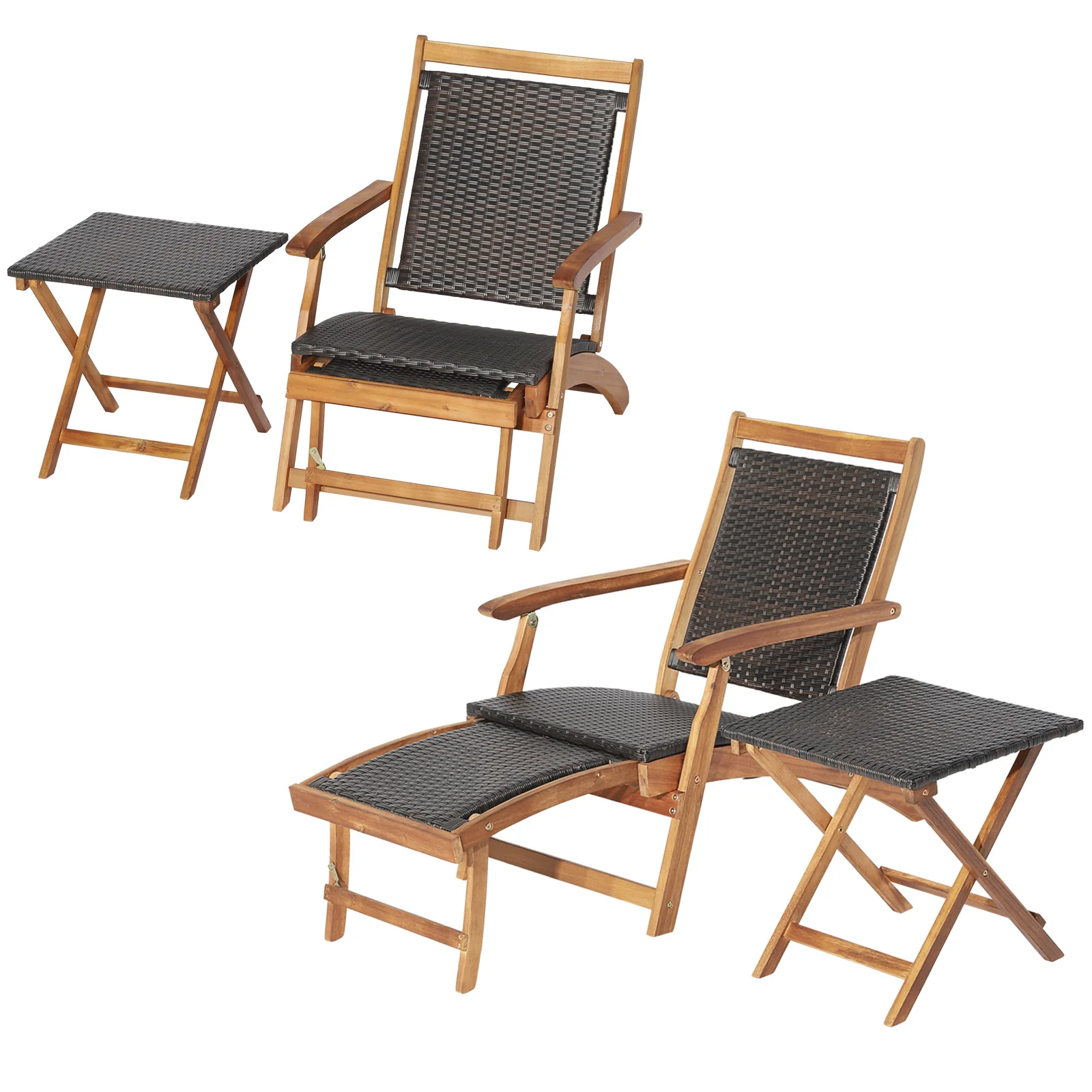 Patio Rattan Folding Lounge Chair, Acacia Wood Table, Brown - Image 8