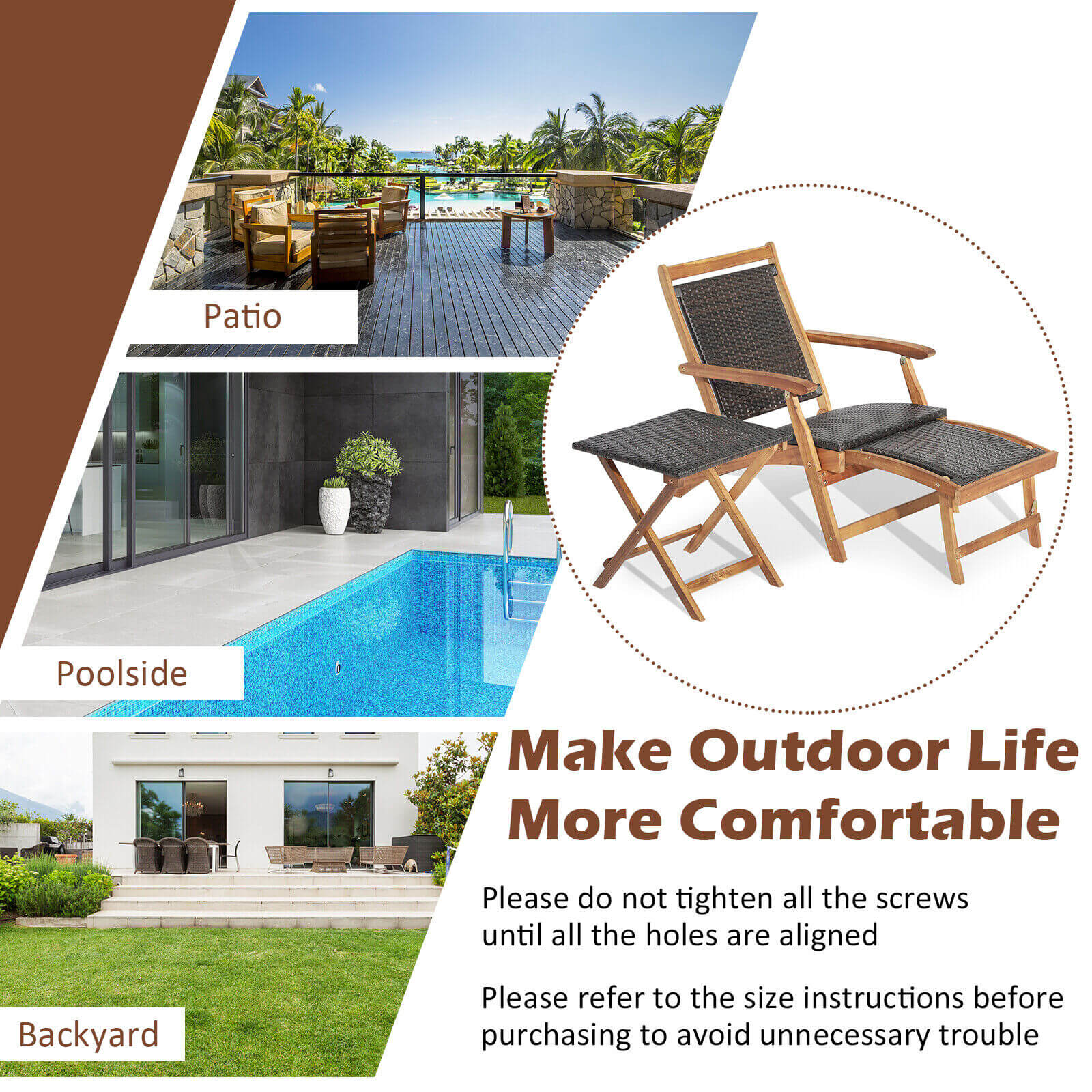 Patio Rattan Folding Lounge Chair, Acacia Wood Table, Brown - Image 9