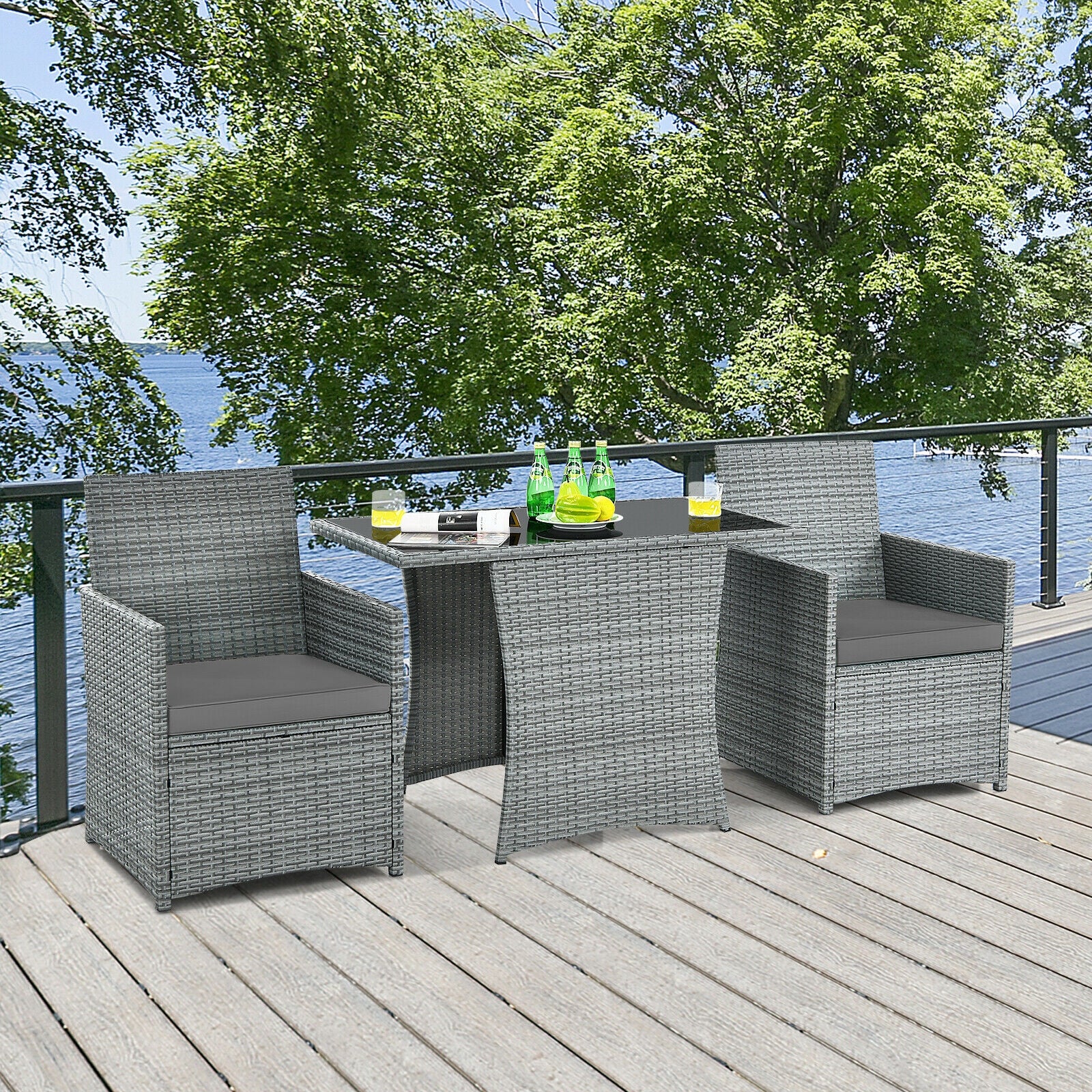 Patio Rattan Furniture Set, 3 Pieces, Cushioned Armrest Sofa, Gray - Image 2