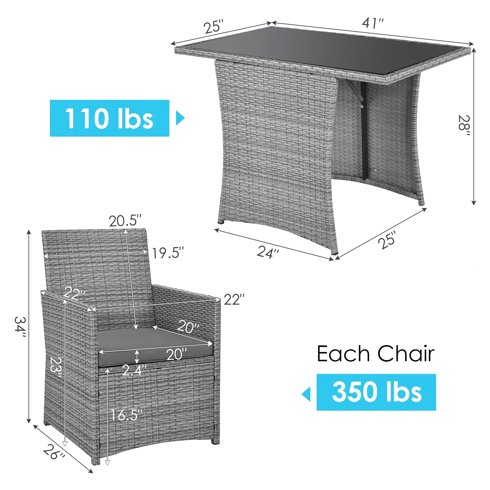 Patio Rattan Furniture Set, 3 Pieces, Cushioned Armrest Sofa, Gray - Image 5