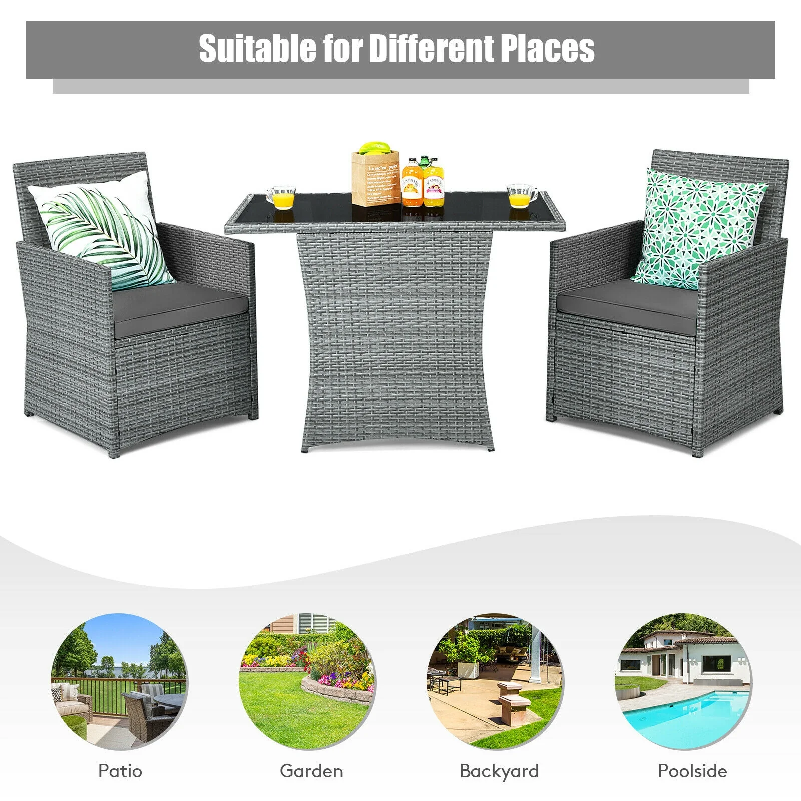 Patio Rattan Furniture Set, 3 Pieces, Cushioned Armrest Sofa, Gray - Image 6