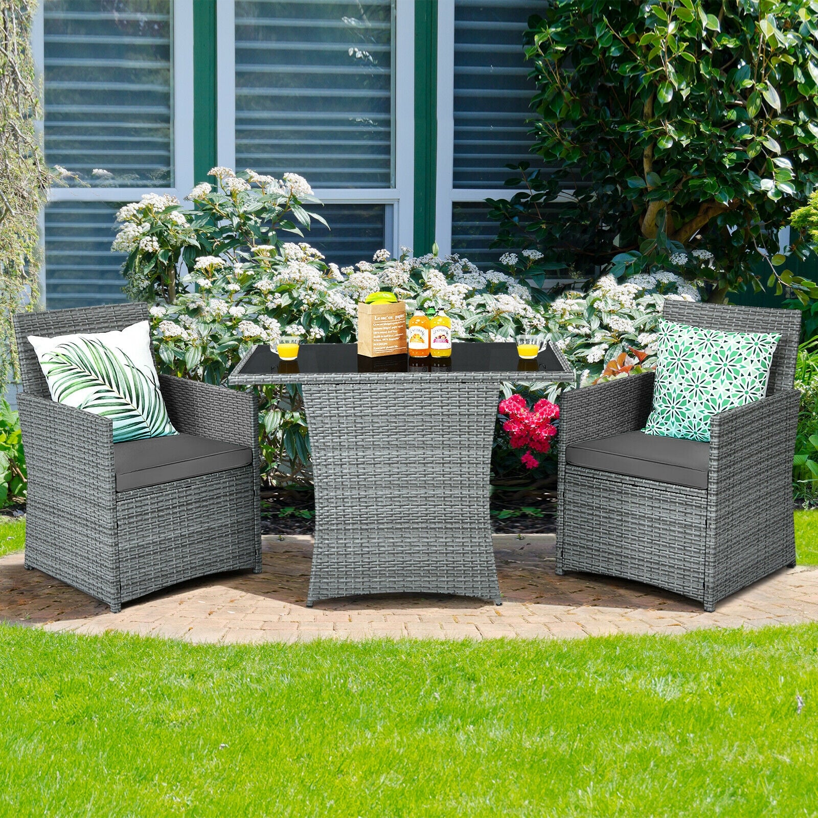 Patio Rattan Furniture Set, 3 Pieces, Cushioned Armrest Sofa, Gray - Image 7