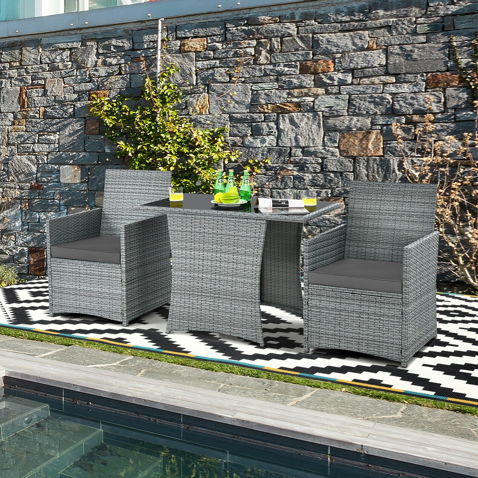 Patio Rattan Furniture Set, 3 Pieces, Cushioned Armrest Sofa, Gray - Image 8
