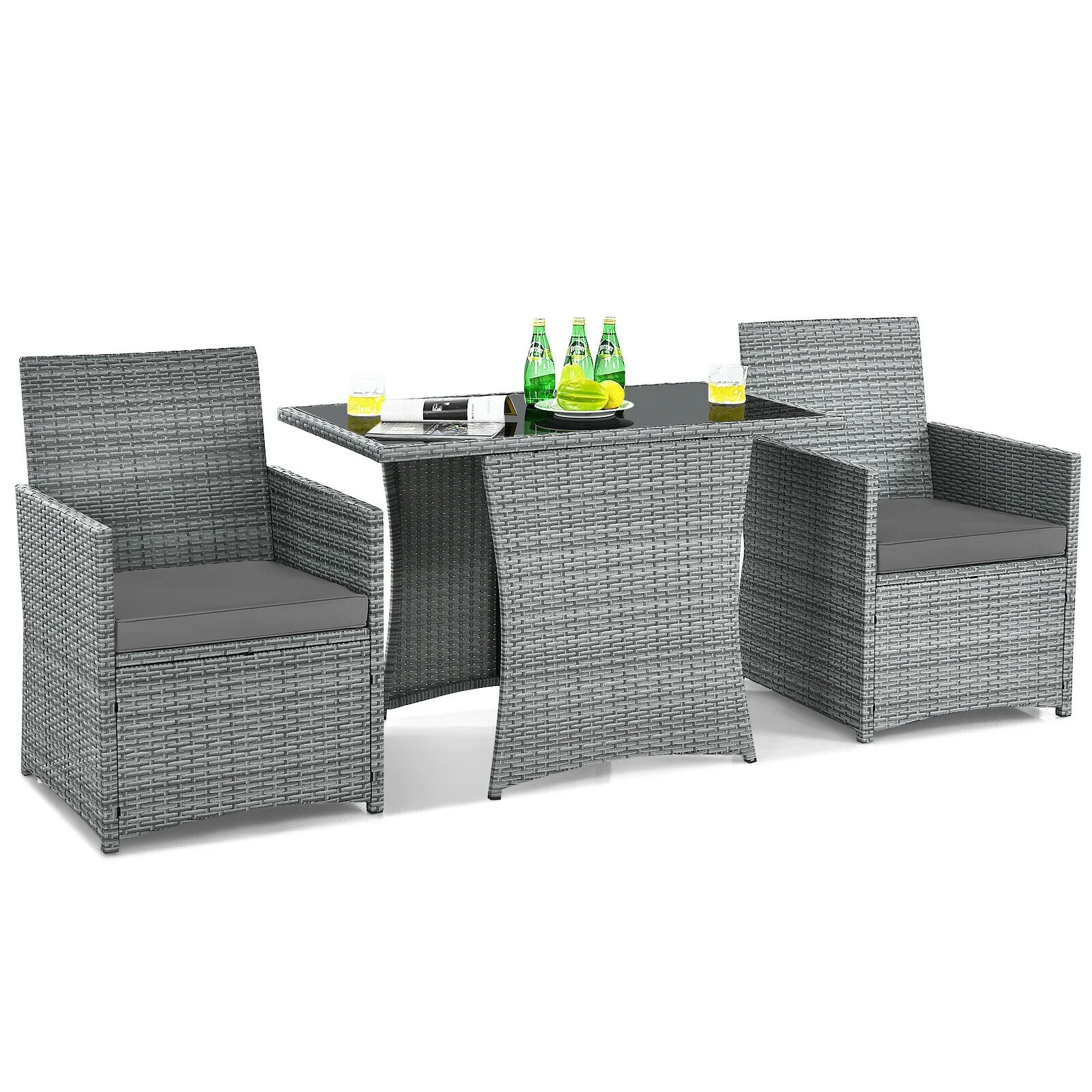 Patio Rattan Furniture Set, 3 Pieces, Cushioned Armrest Sofa, Gray - Image 9