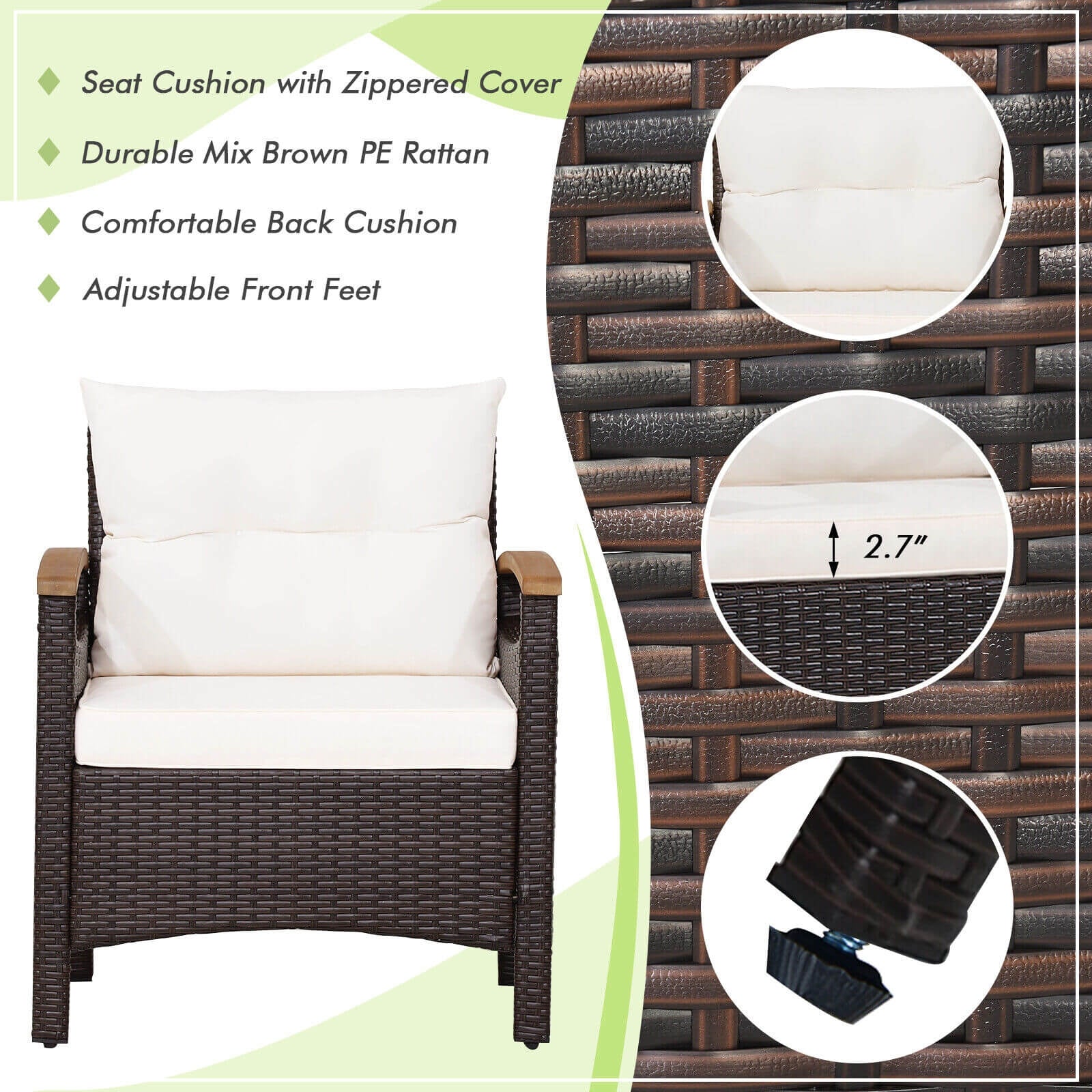 Patio Rattan Furniture Set, 3 Pieces, Removable Cushion, Off White - Image 10