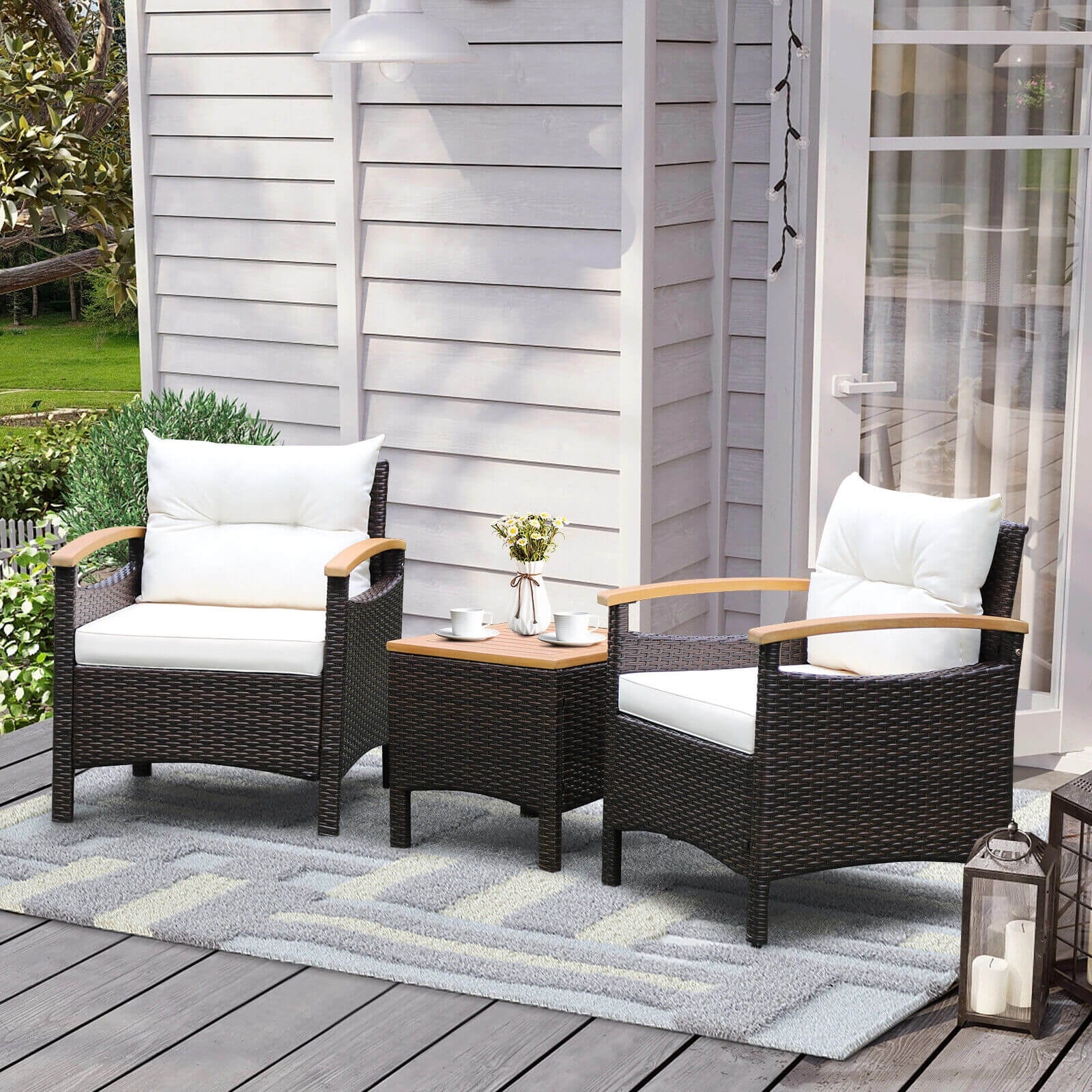 Patio Rattan Furniture Set, 3 Pieces, Removable Cushion, Off White - Image 2