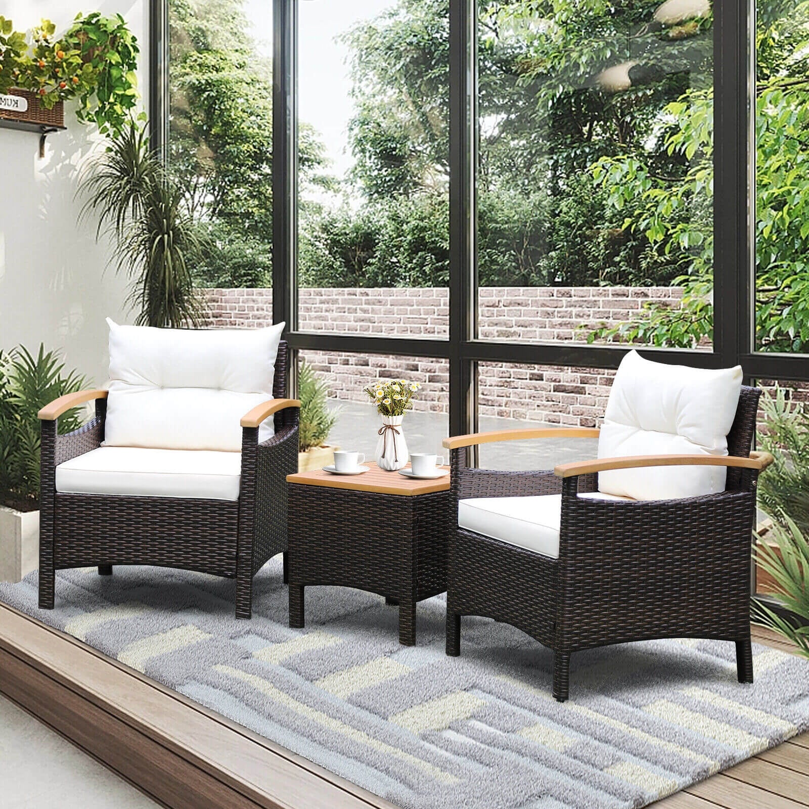 Patio Rattan Furniture Set, 3 Pieces, Removable Cushion, Off White - Image 3