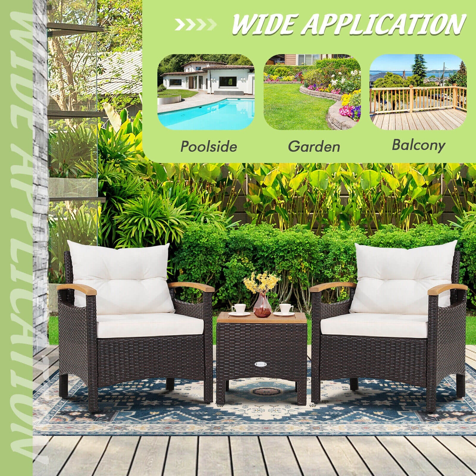 Patio Rattan Furniture Set, 3 Pieces, Removable Cushion, Off White - Image 6