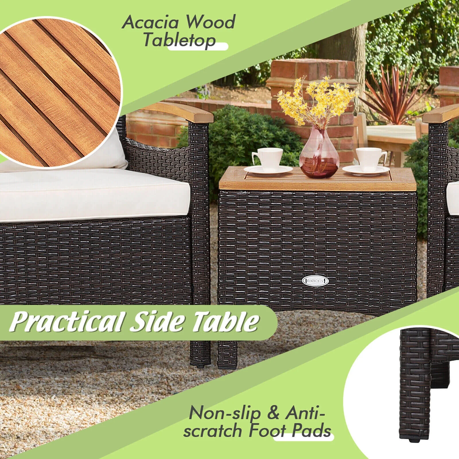 Patio Rattan Furniture Set, 3 Pieces, Removable Cushion, Off White - Image 7