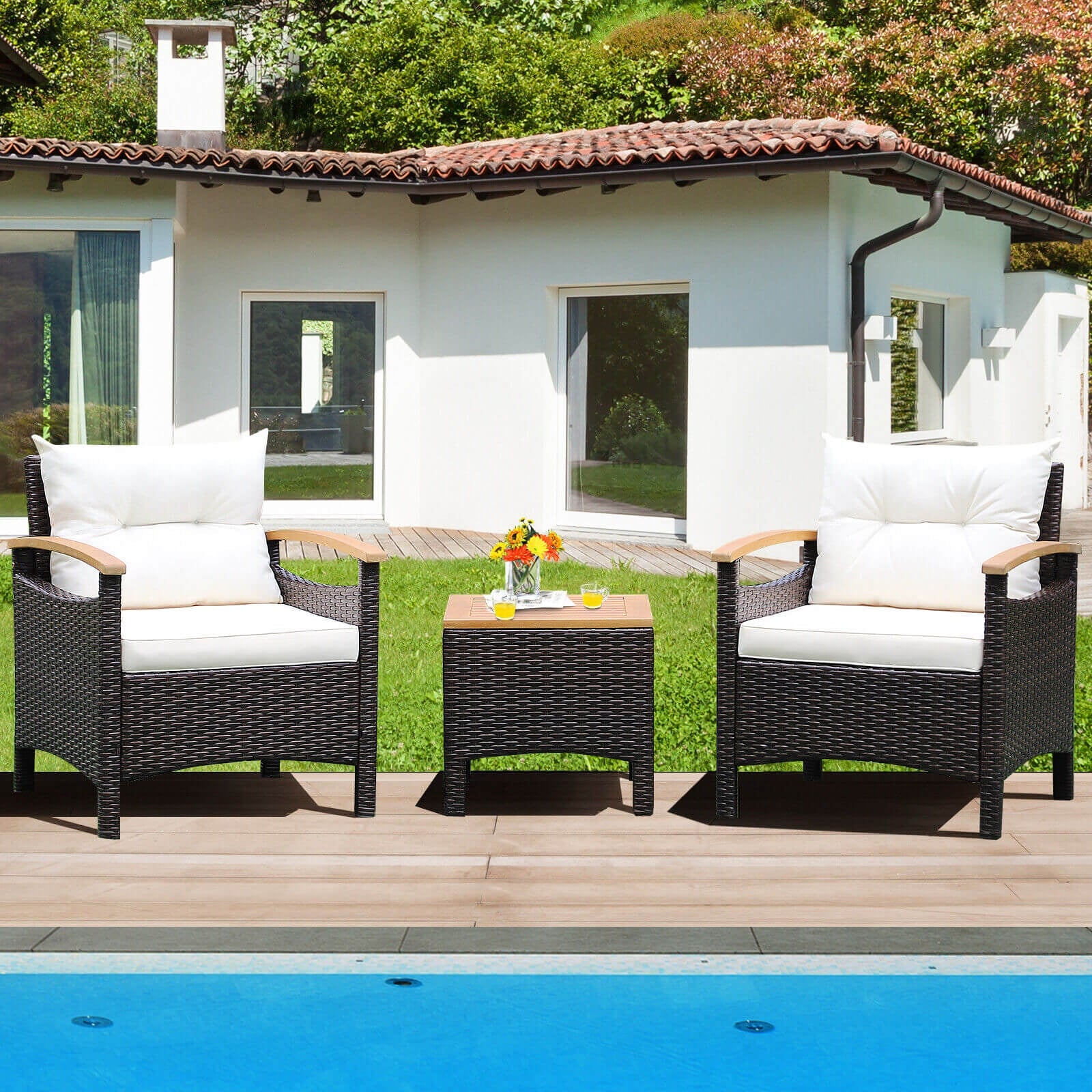 Patio Rattan Furniture Set, 3 Pieces, Removable Cushion, Off White - Image 8