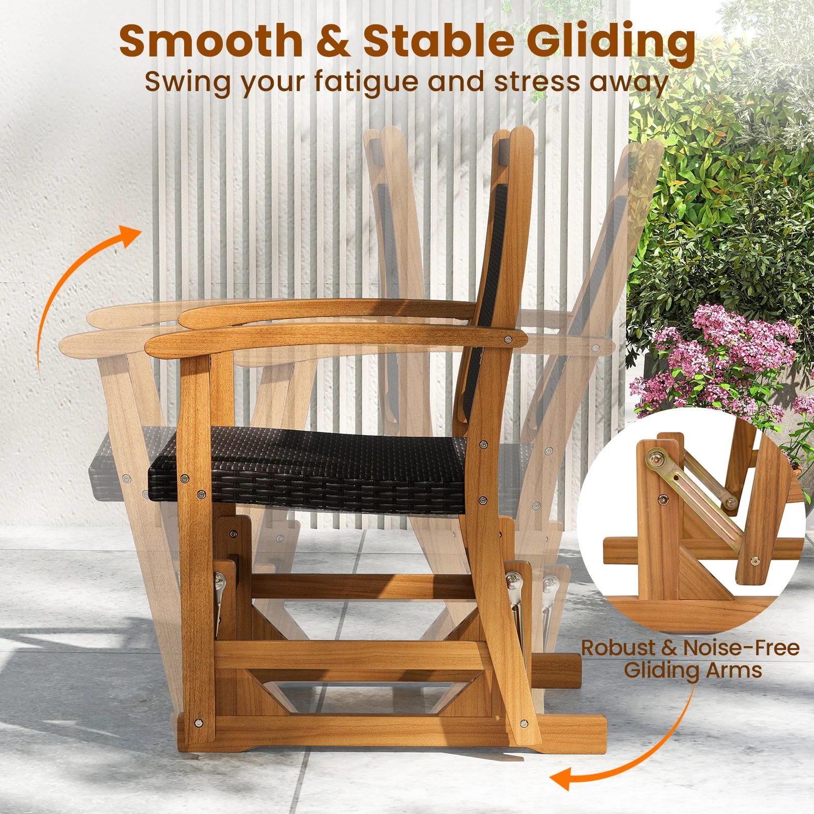 Patio Rattan Glider Chair, Acacia Wood Frame, Brown - Image 10