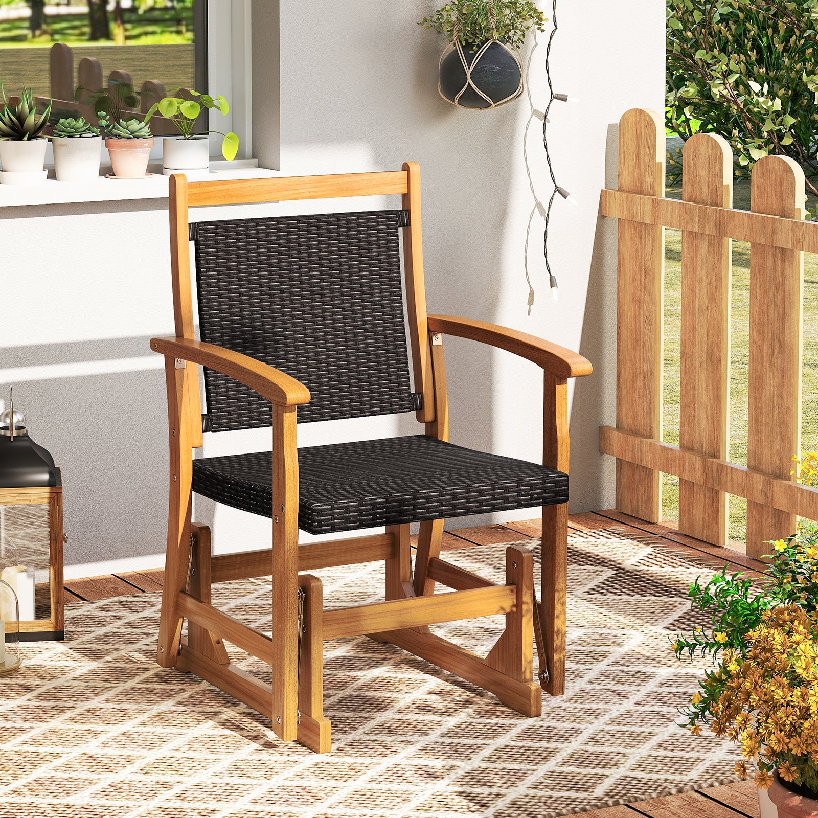 Patio Rattan Glider Chair, Acacia Wood Frame, Brown - Image 2