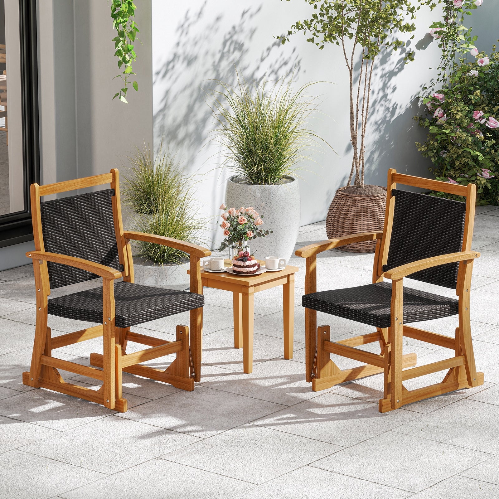 Patio Rattan Glider Chair, Acacia Wood Frame, Brown - Image 3
