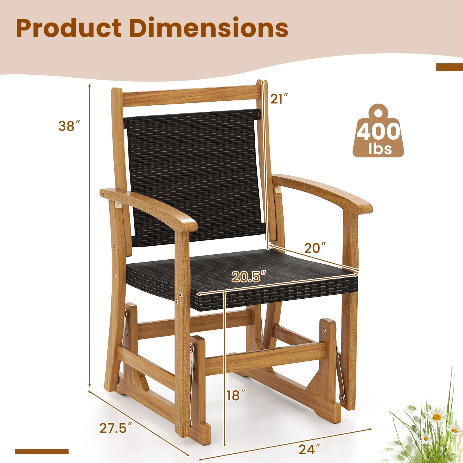 Patio Rattan Glider Chair, Acacia Wood Frame, Brown - Image 6