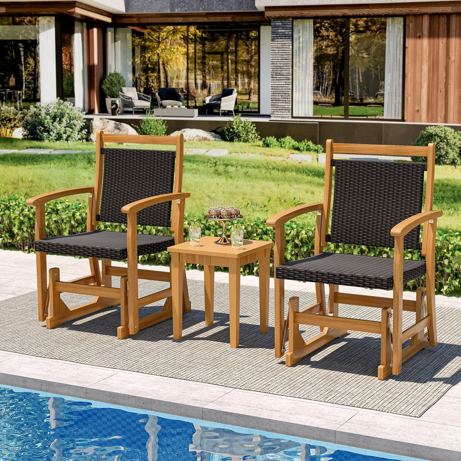 Patio Rattan Glider Chair, Acacia Wood Frame, Brown - Image 7