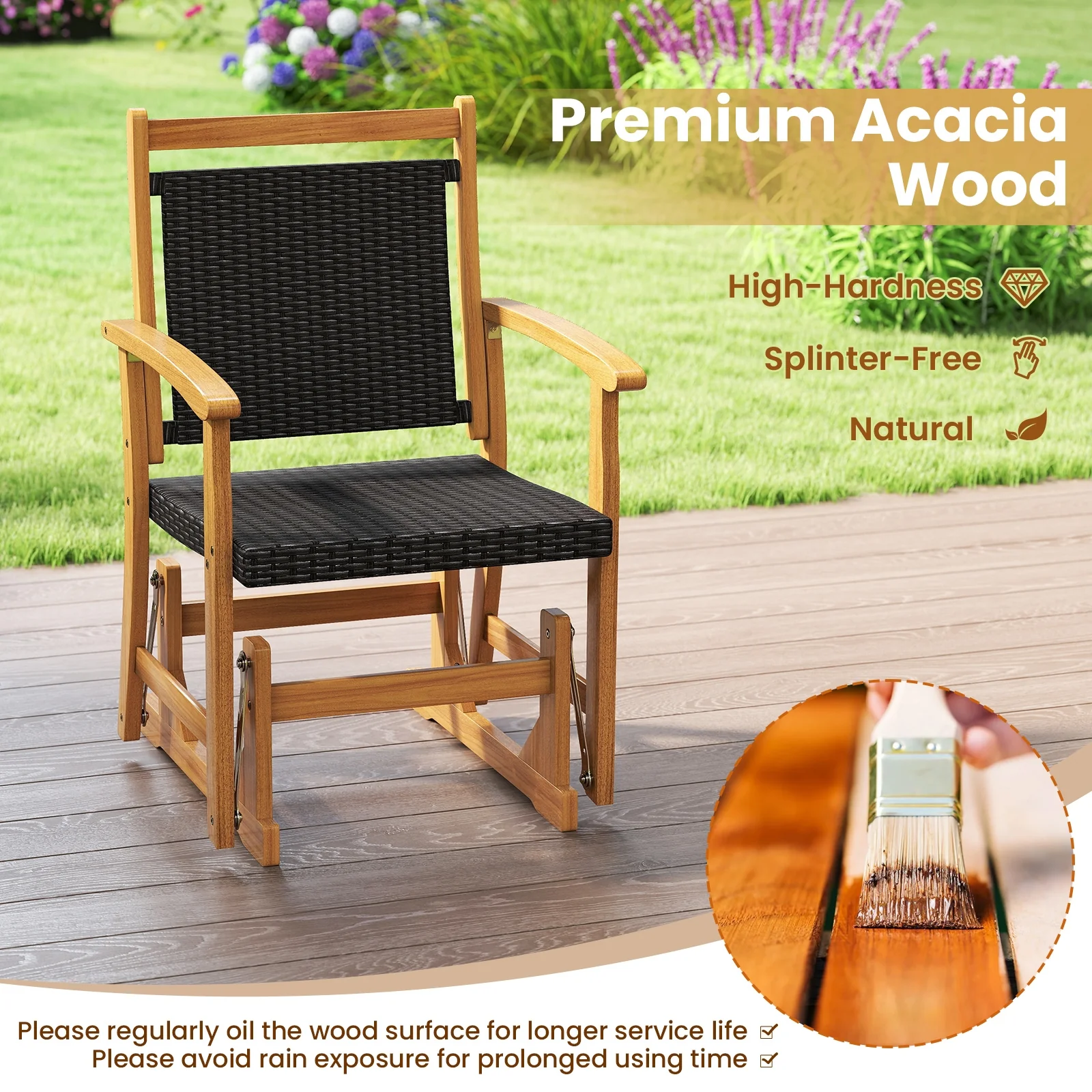 Patio Rattan Glider Chair, Acacia Wood Frame, Brown - Image 8