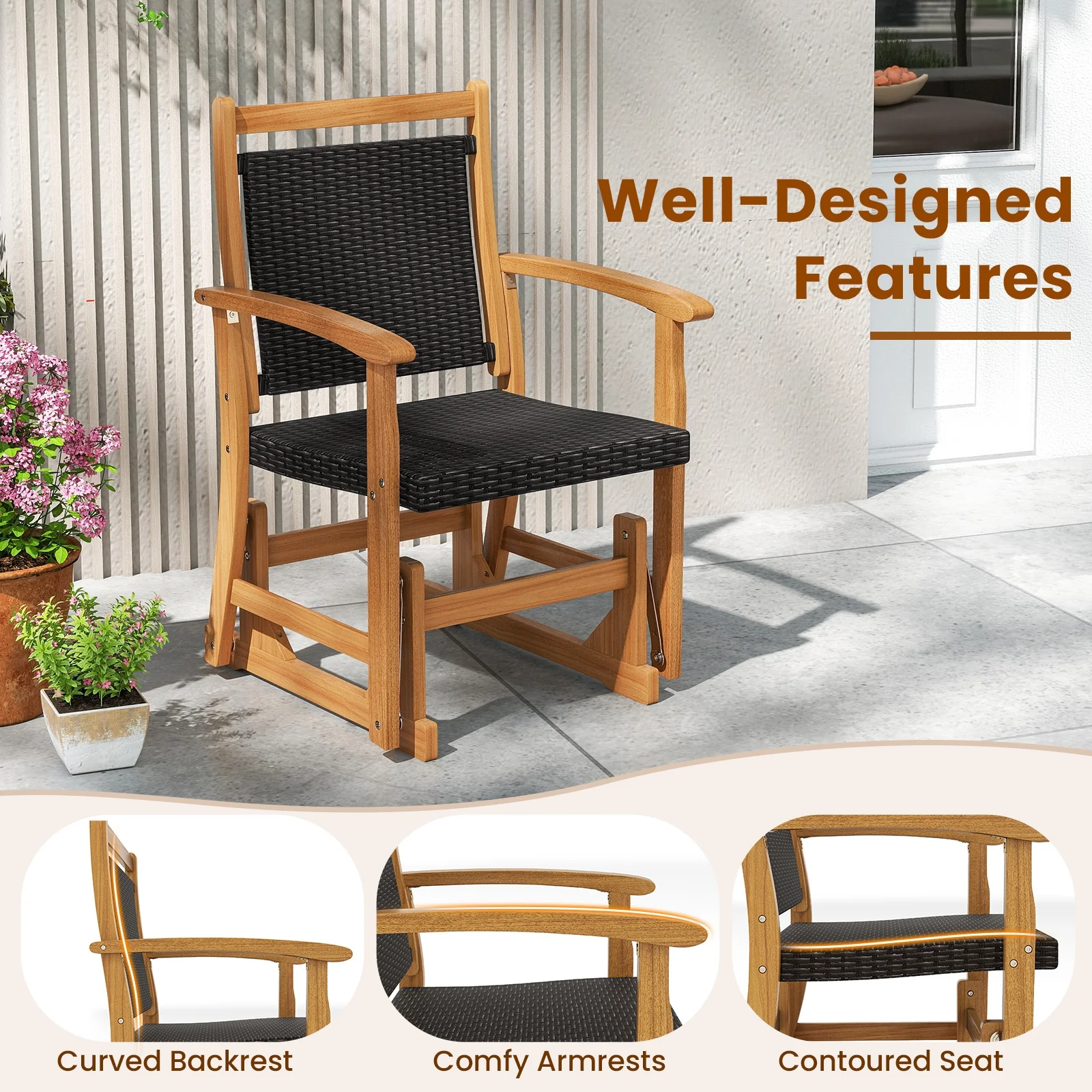 Patio Rattan Glider Chair, Acacia Wood Frame, Brown - Image 9
