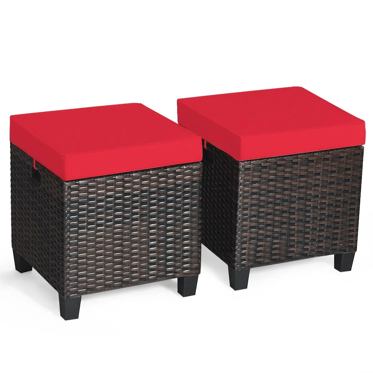 Patio Rattan Ottoman, Cushioned Seat, 2PCS, Red