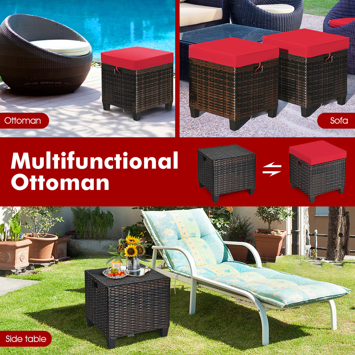 Patio Rattan Ottoman, Cushioned Seat, 2PCS, Red - Image 10