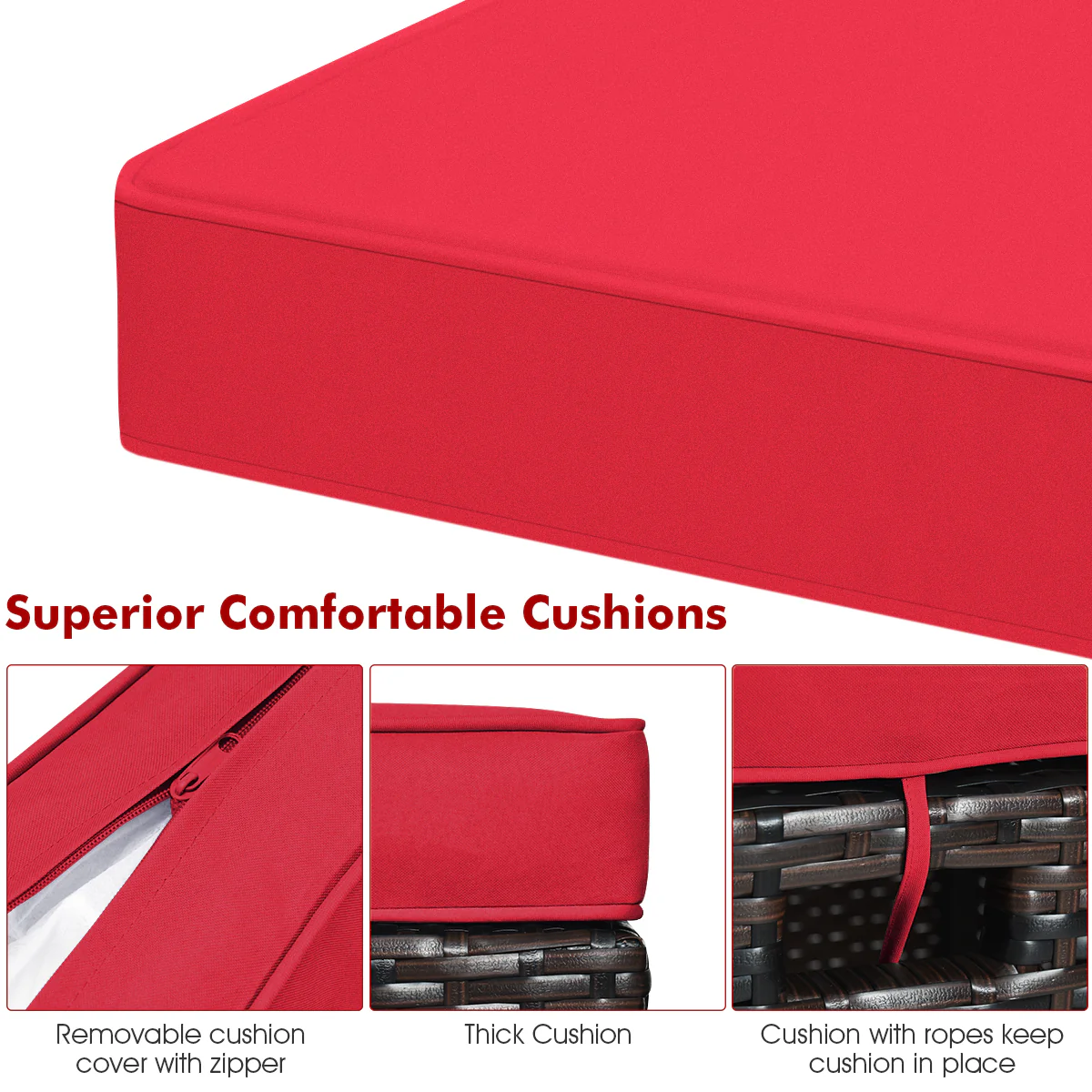 Patio Rattan Ottoman, Cushioned Seat, 2PCS, Red - Image 9